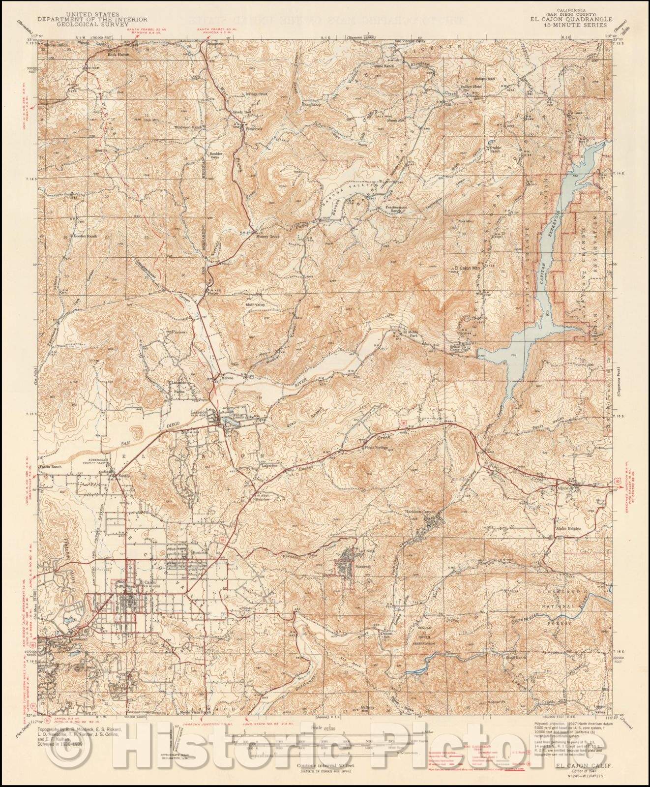 Historic Map - El Cajon Quadrangle 7 1, 1947 - Vintage Wall Art