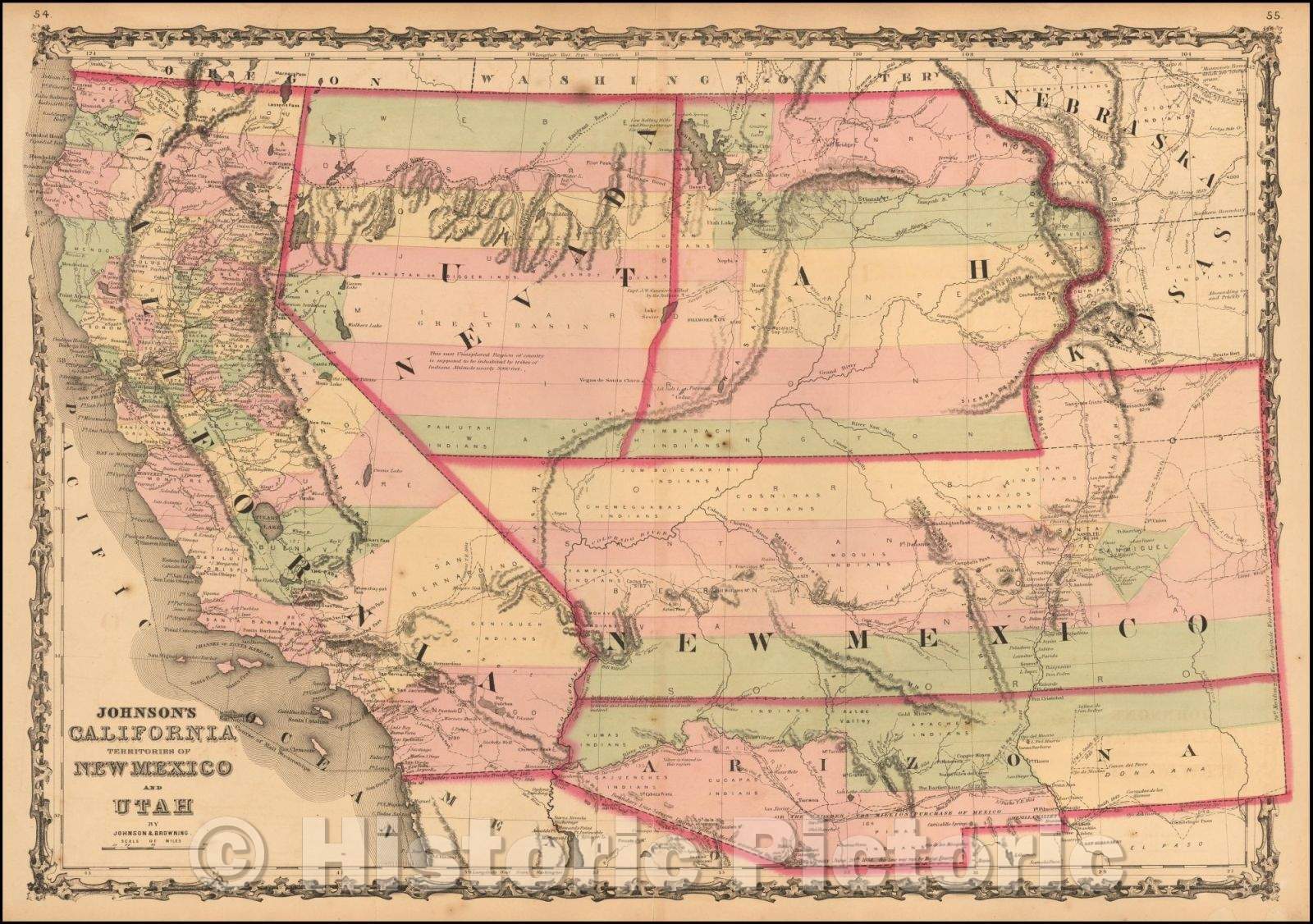 Historic Map - Johnson's California, Territories of New Mexico and Utah, 1861, Alvin Jewett Johnson - Vintage Wall Art