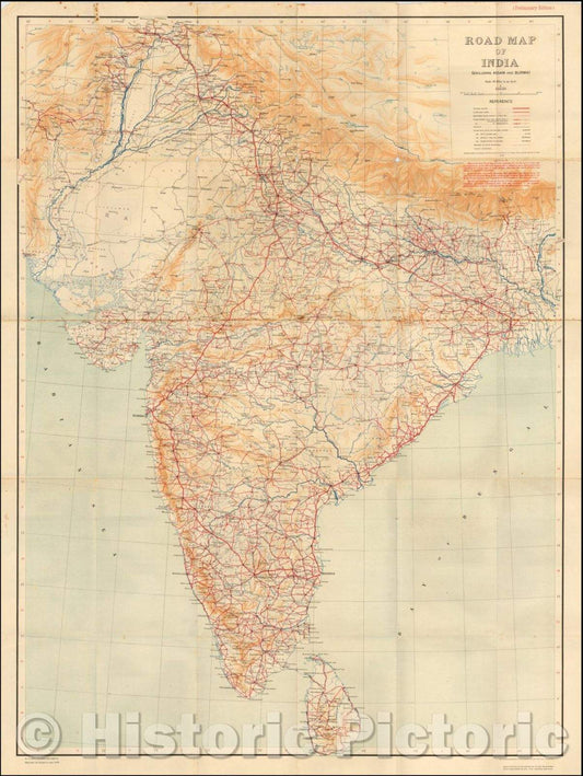 Historic Map - Road Map of India (Excluding Assam and Burma), 1928, Surveyor General of India - Vintage Wall Art