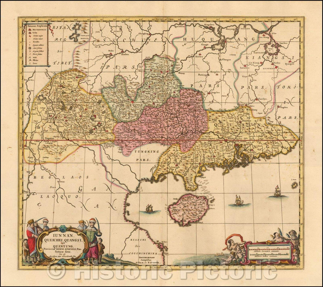 Historic Map - Iunnan, Queicheu, Quangsi et Quantun, Provinciae Regni Sinensi Praefecturae dictae, 1700, Peter Schenk - Vintage Wall Art