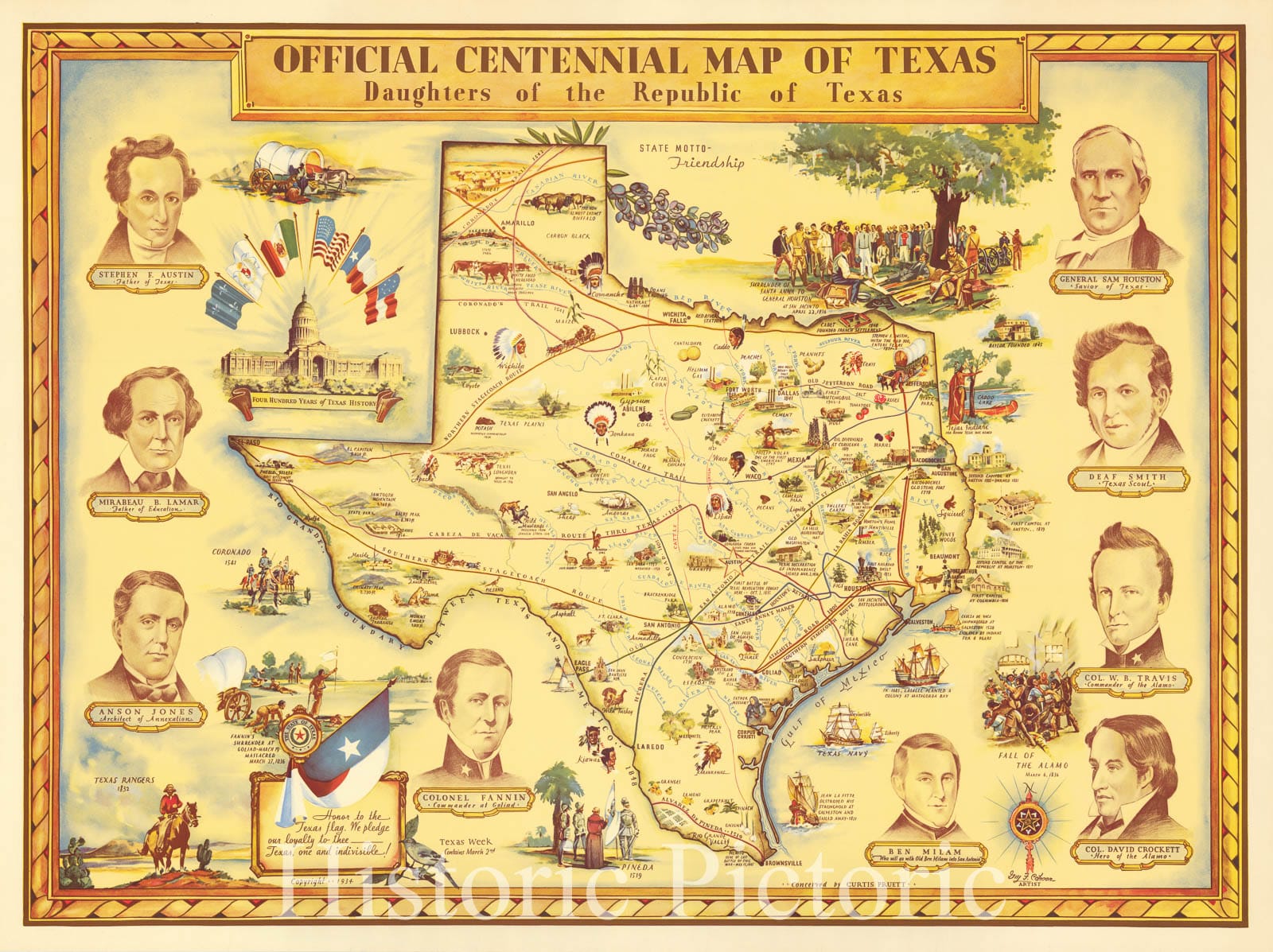 Historic Map - Official Centennial Map of Texas Daughters of the Republic of Texas, 1934, Guy F. Cahoon - Vintage Wall Art