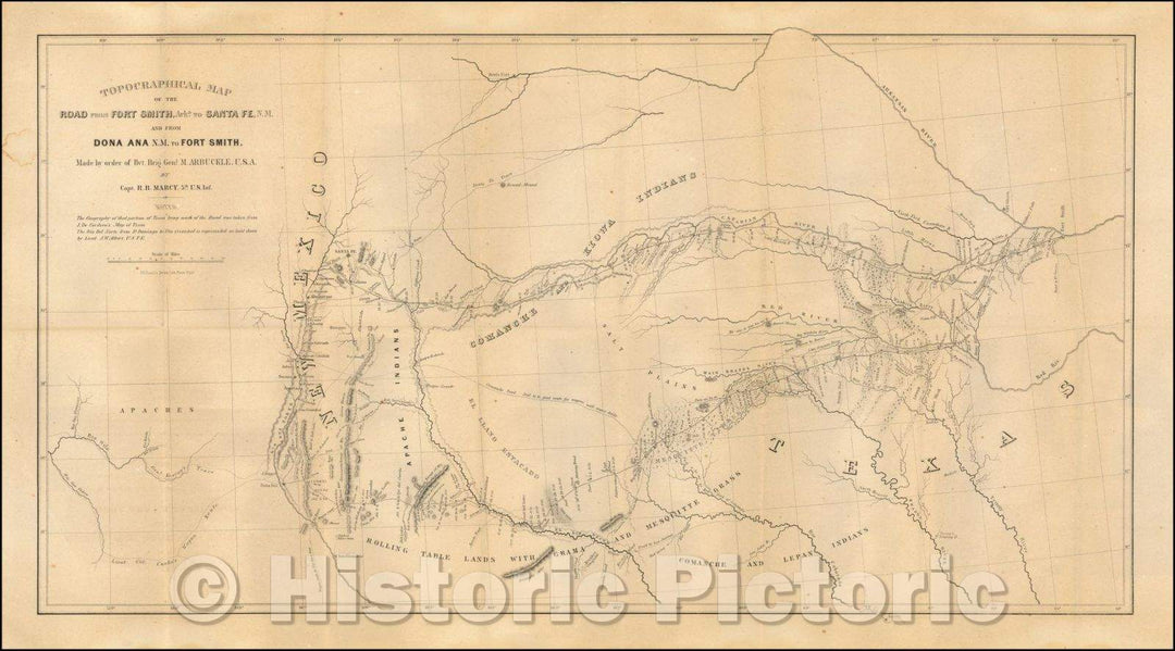 Historic Map - Topographical Map of the Road From Fort Smith Arks. to Santa Fe, N.M. and from Dona Ana N.M. to Fort Smith, 1850, R.B. Marcy - Vintage Wall Art