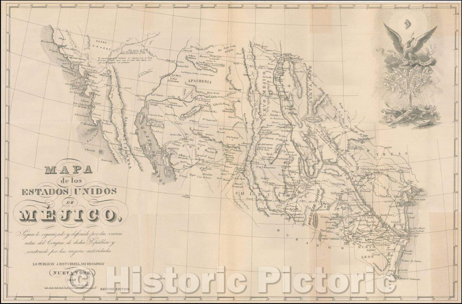 Historic Map - Mapa de los Estados Unidos de Mejico, Segun lo organizado y definido/Disturnell's Map of Texas, Upper California, and Mexico, 1877, - Vintage Wall Art