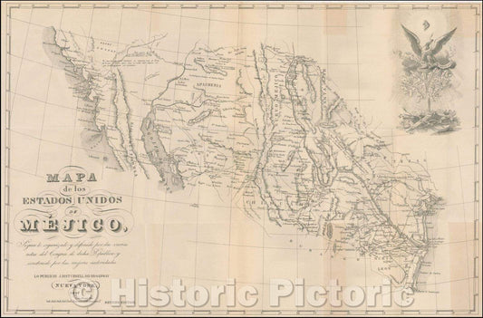 Historic Map - Mapa de los Estados Unidos de Mejico, Segun lo organizado y definido/Disturnell's Map of Texas, Upper California, and Mexico, 1877, - Vintage Wall Art