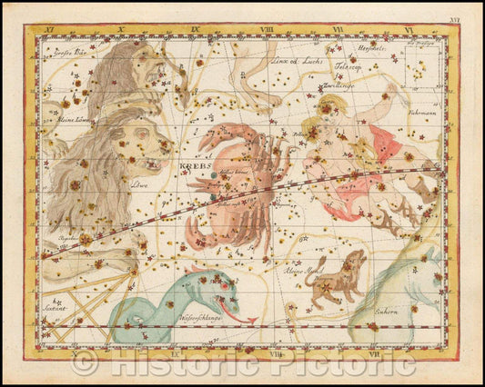 Historic Map - (Cancer) Krebs/Star Chart centered the constellation Cancer and surrounding constellations, published by Johann Elert Bode (1747-1826), 1805 - Vintage Wall Art