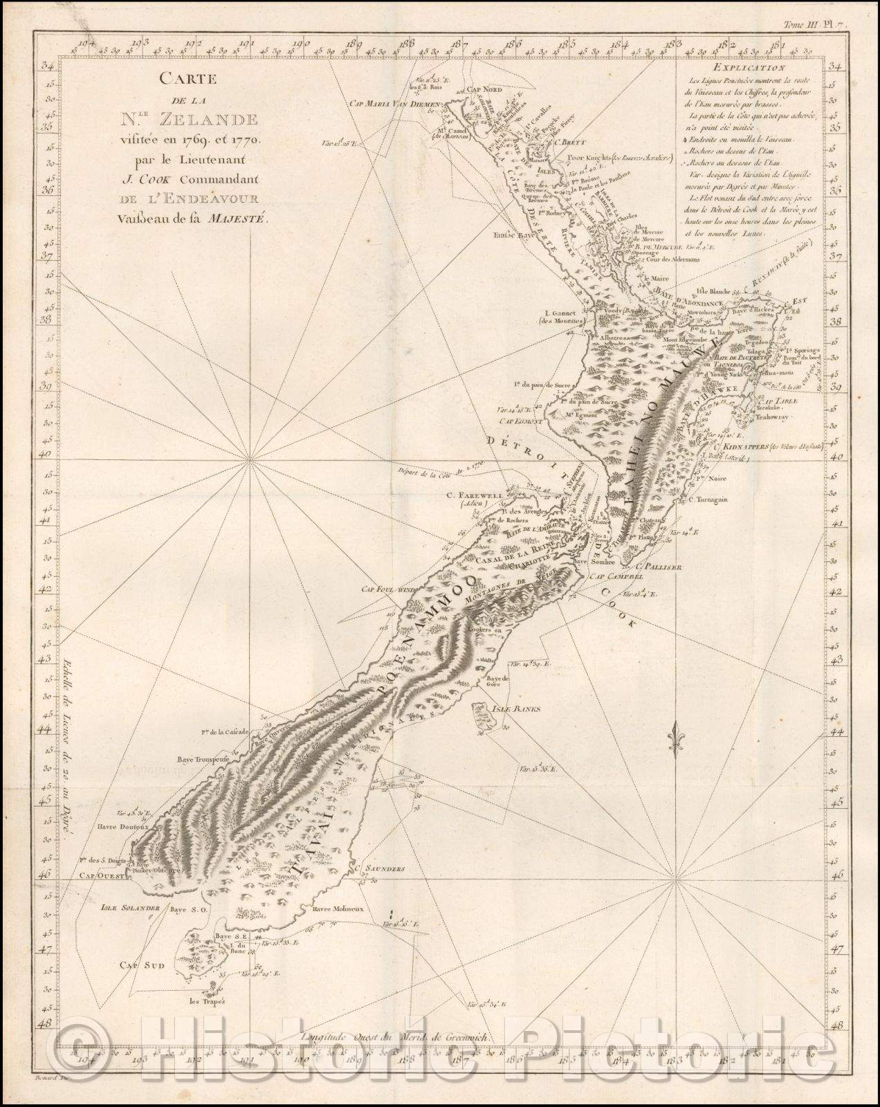 Historic Map - Carte De La Nle.Zelande visitee en 1769 et 1770 par le Lieutenant J. Cook Commandant De L'Endeavor Vaisseau de la Majeste, 1774, James Cook - Vintage Wall Art