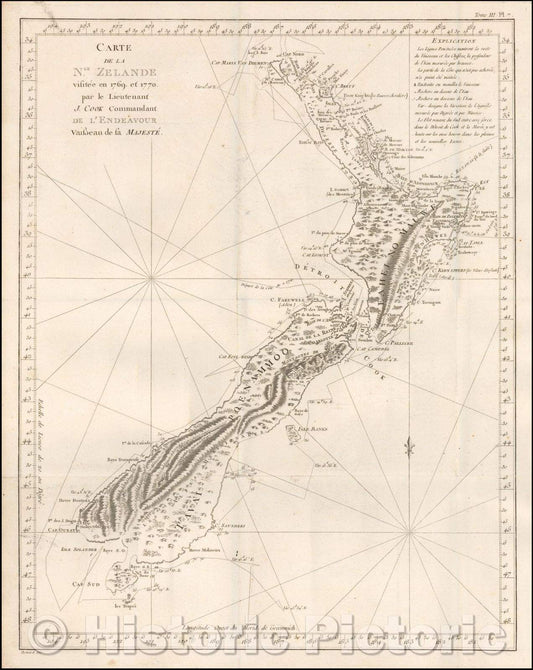 Historic Map - Carte De La Nle.Zelande visitee en 1769 et 1770 par le Lieutenant J. Cook Commandant De L'Endeavor Vaisseau de la Majeste, 1774, James Cook - Vintage Wall Art