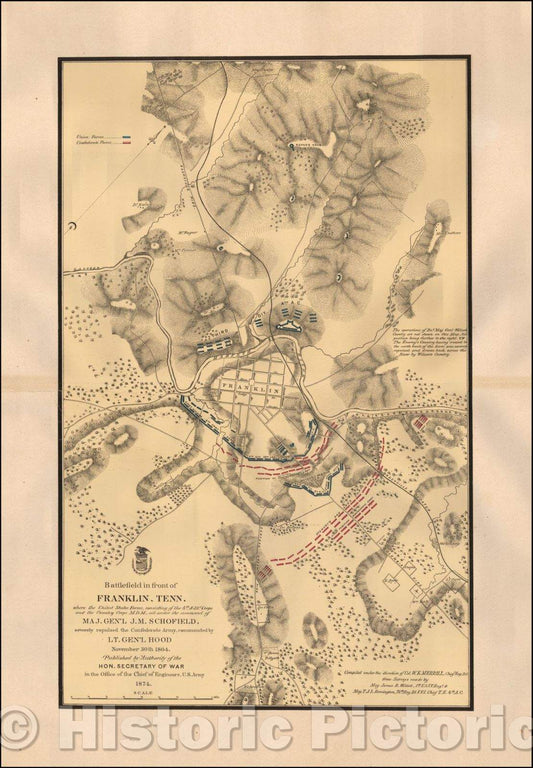 Historic Map - Battlefield in front of Franklin, Tenn. where the United States Forces, consisting of the 4th & 23d Corps of the Cavalry Corps M.D.M, 1874 - Vintage Wall Art