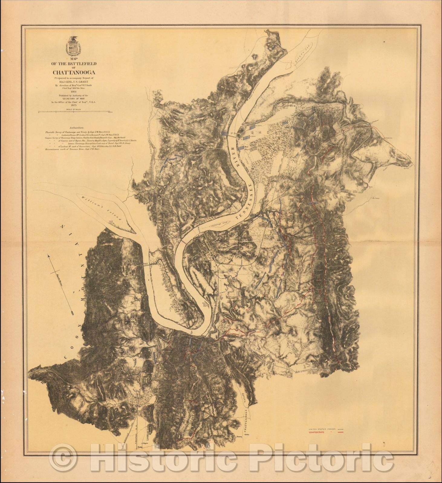 Historic Map - Map of the Battlefield of Chattanooga Prepared, 1875, U.S. Army Corps of Topographical Engineer - Vintage Wall Art