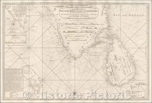 Historic Map - The Coast of India From Mount Dilly To Pondicherry, Including the Coasts of Malabar, Madura and Part of Coromandel, 1798, James Whittle - Vintage Wall Art