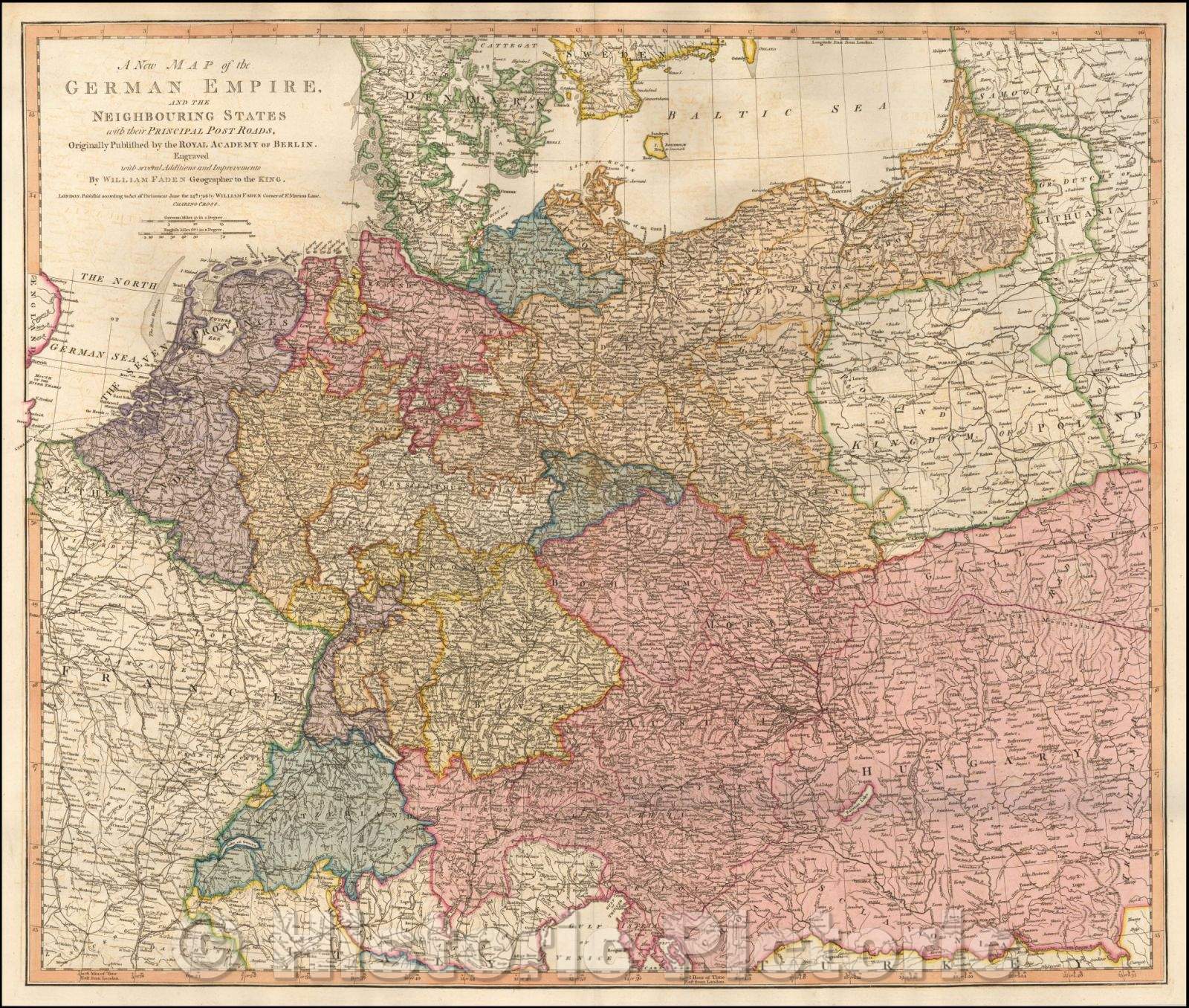 Historic Map - The German Empire, and the Neighbouring States with the Principal Post Roads, Originally, 1788, William Faden v2