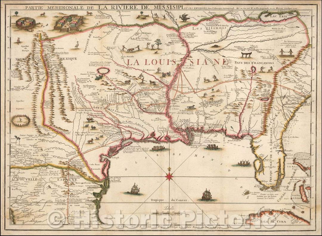 Historic Map - Partie Meridionale De La Riviere De Missisipi, et ses En :: De Fer's Landmark of the Mississippi River Valley, interior of North America, 1718 - Vintage Wall Art