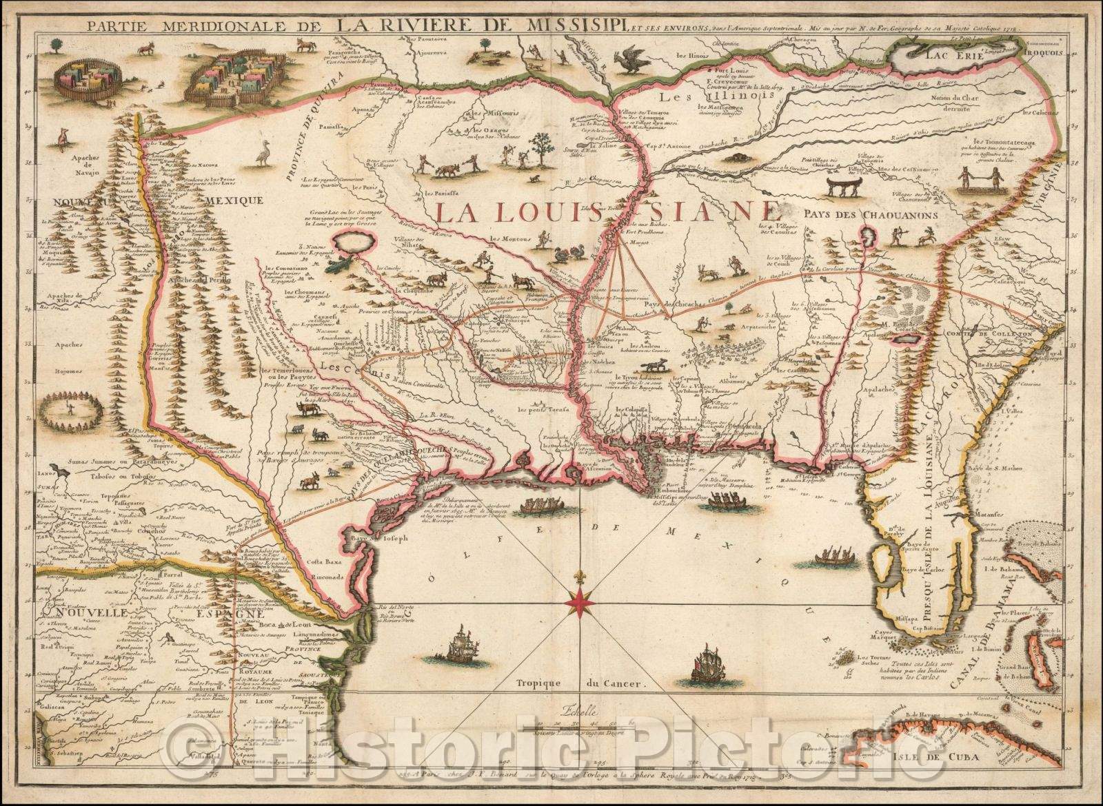 Historic Map - Partie Meridionale De La Riviere De Missisipi, et ses En :: De Fer's Landmark of the Mississippi River Valley, interior of North America, 1718 - Vintage Wall Art