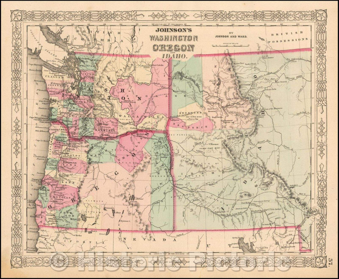Historic Map - Johnson's Washington Oregon and Idaho, 1863, Benjamin P Ward v1