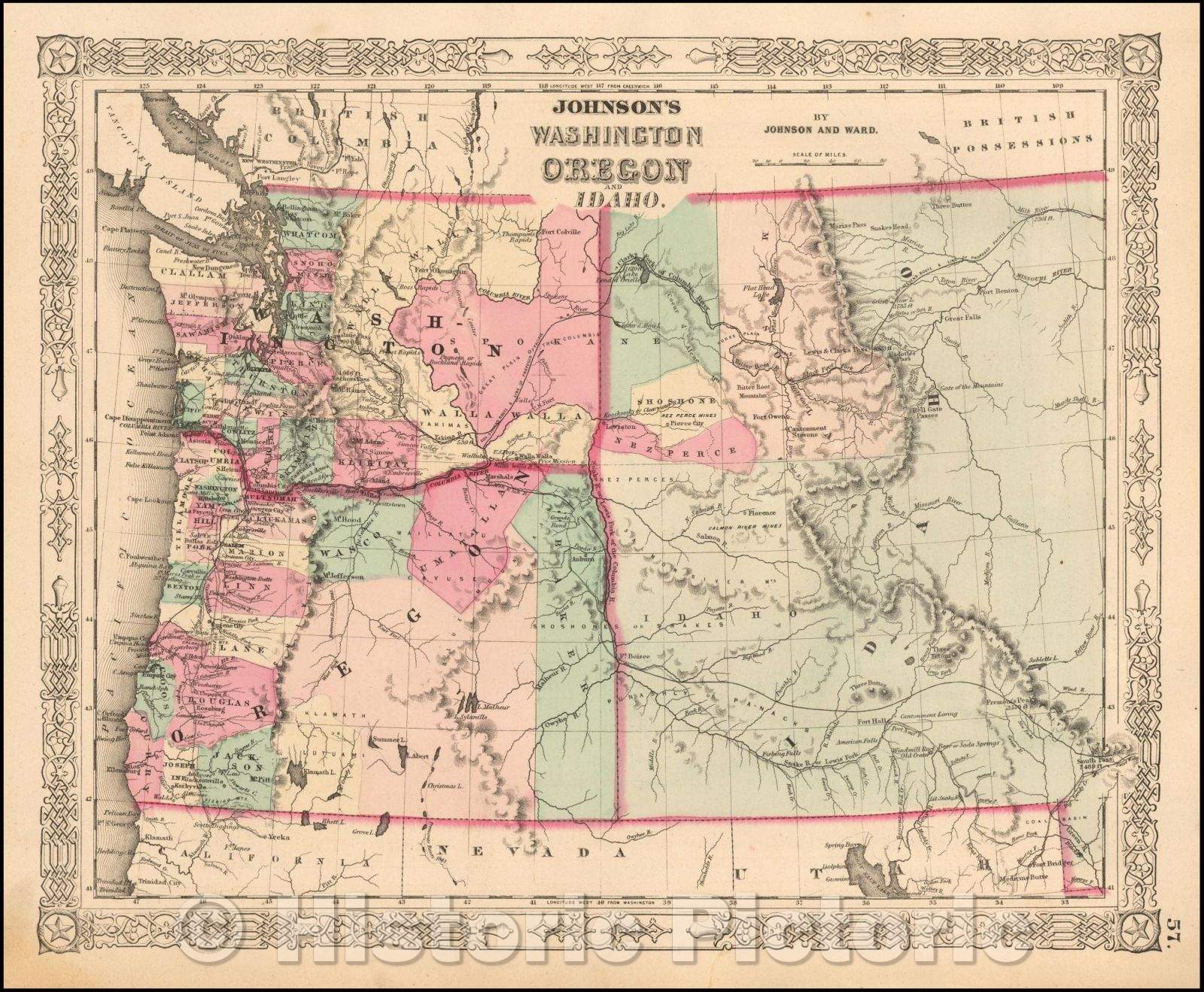 Historic Map - Johnson's Washington Oregon and Idaho, 1863, Benjamin P Ward v1