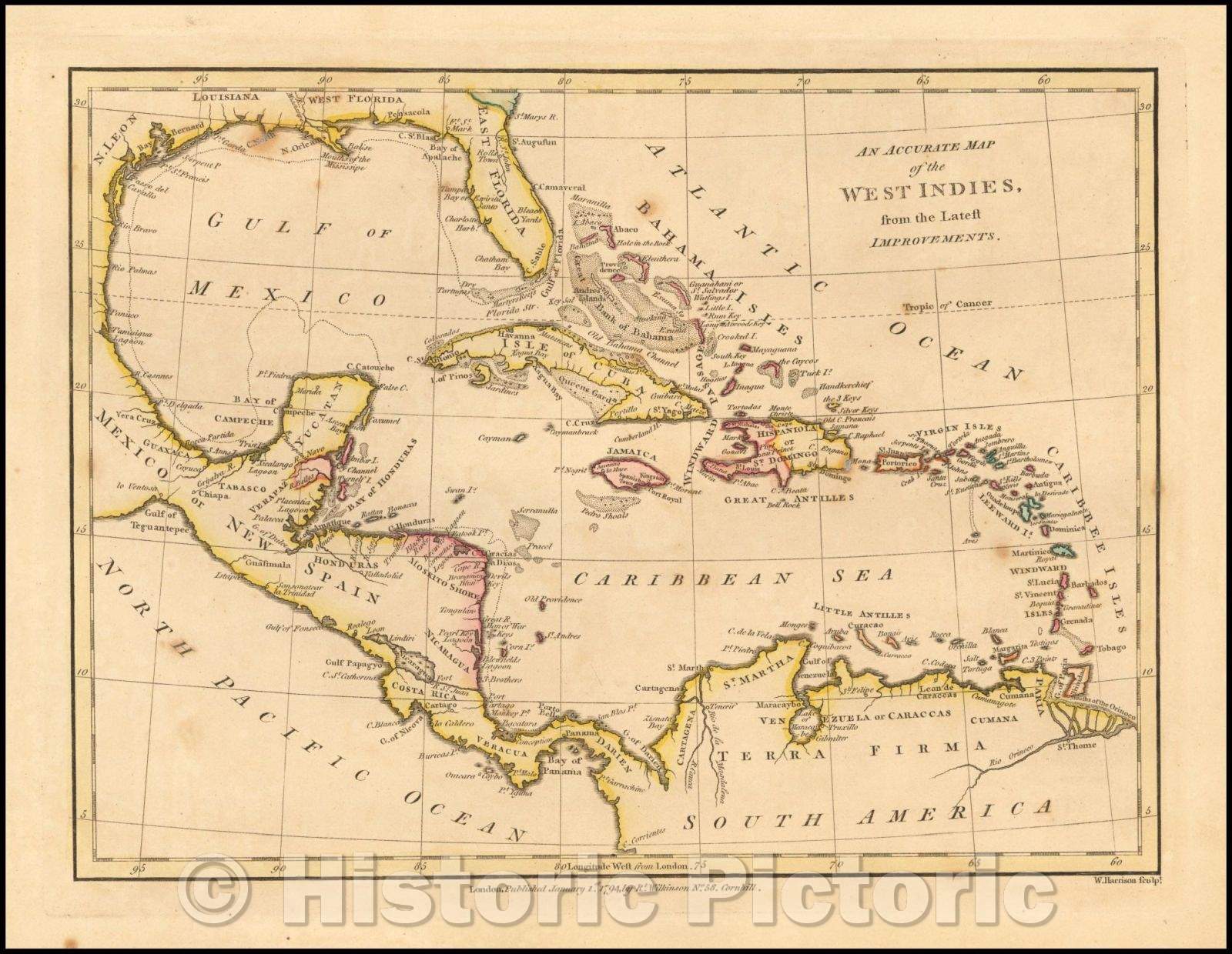 Historic Map - An Accurate Map of the West Indies from the latest Improvements, 1794, Robert Wilkinson - Vintage Wall Art