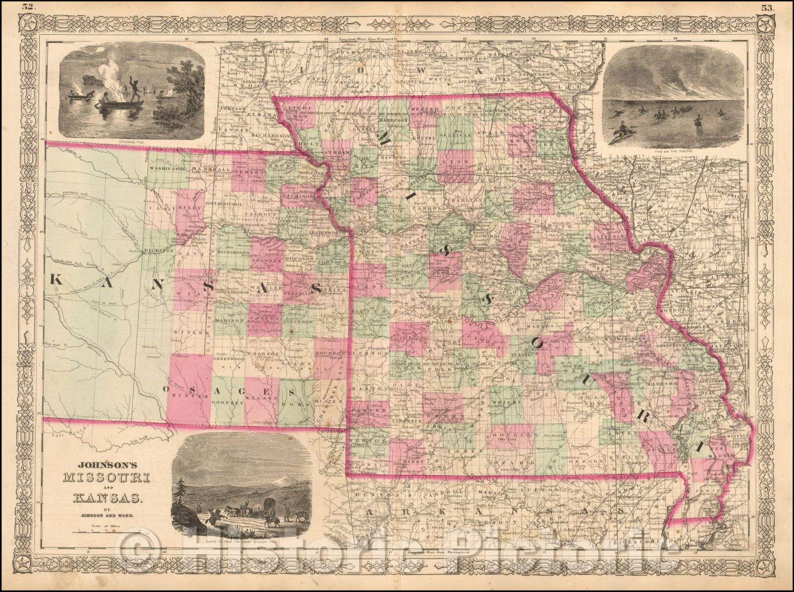 Historic Map - Johnson's Missouri and Kansas, 1863, Benjamin P Ward v1