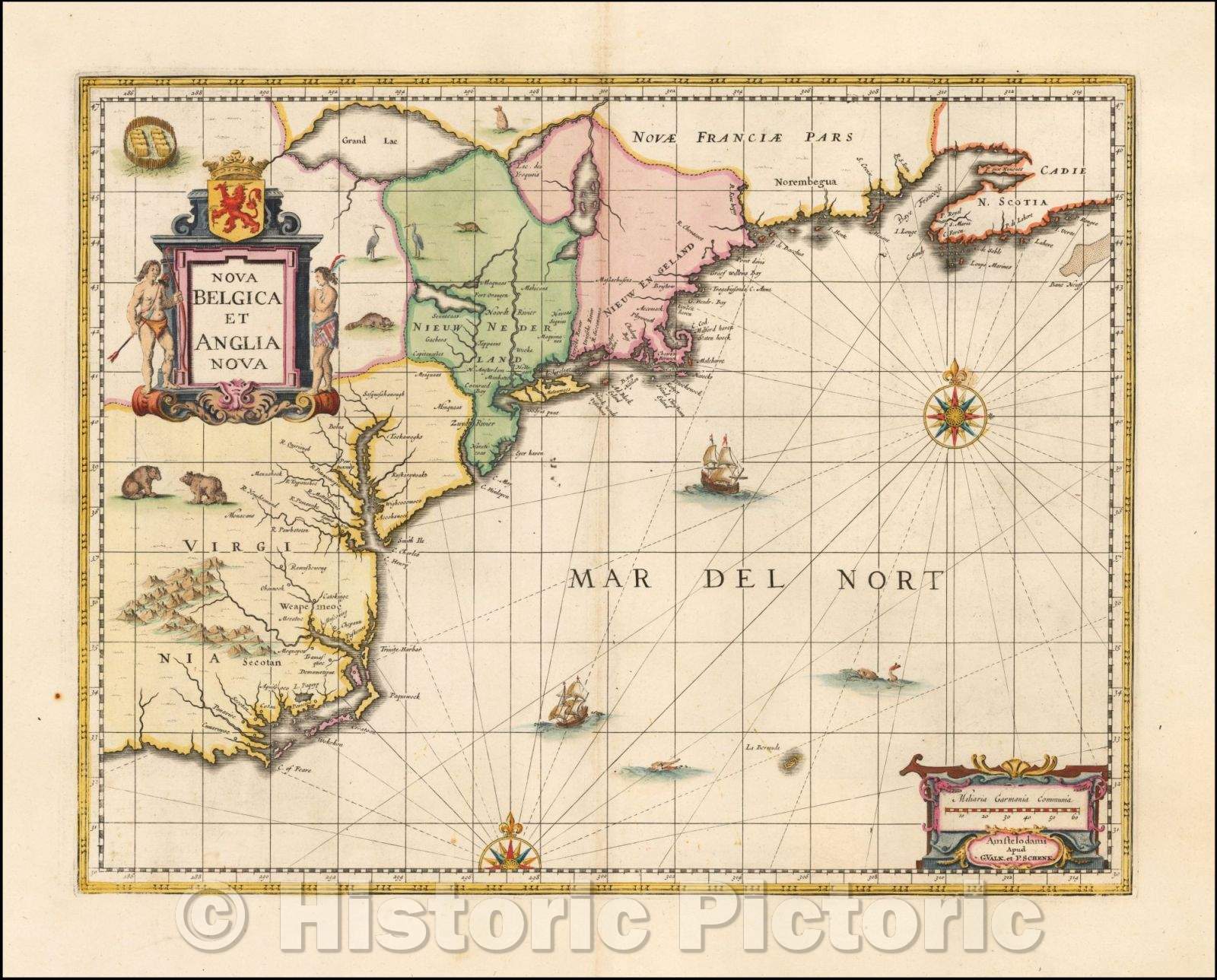 Historic Map - Nova Belgica et Anglia Nova, 1694, Peter Schenk - Vintage Wall Art