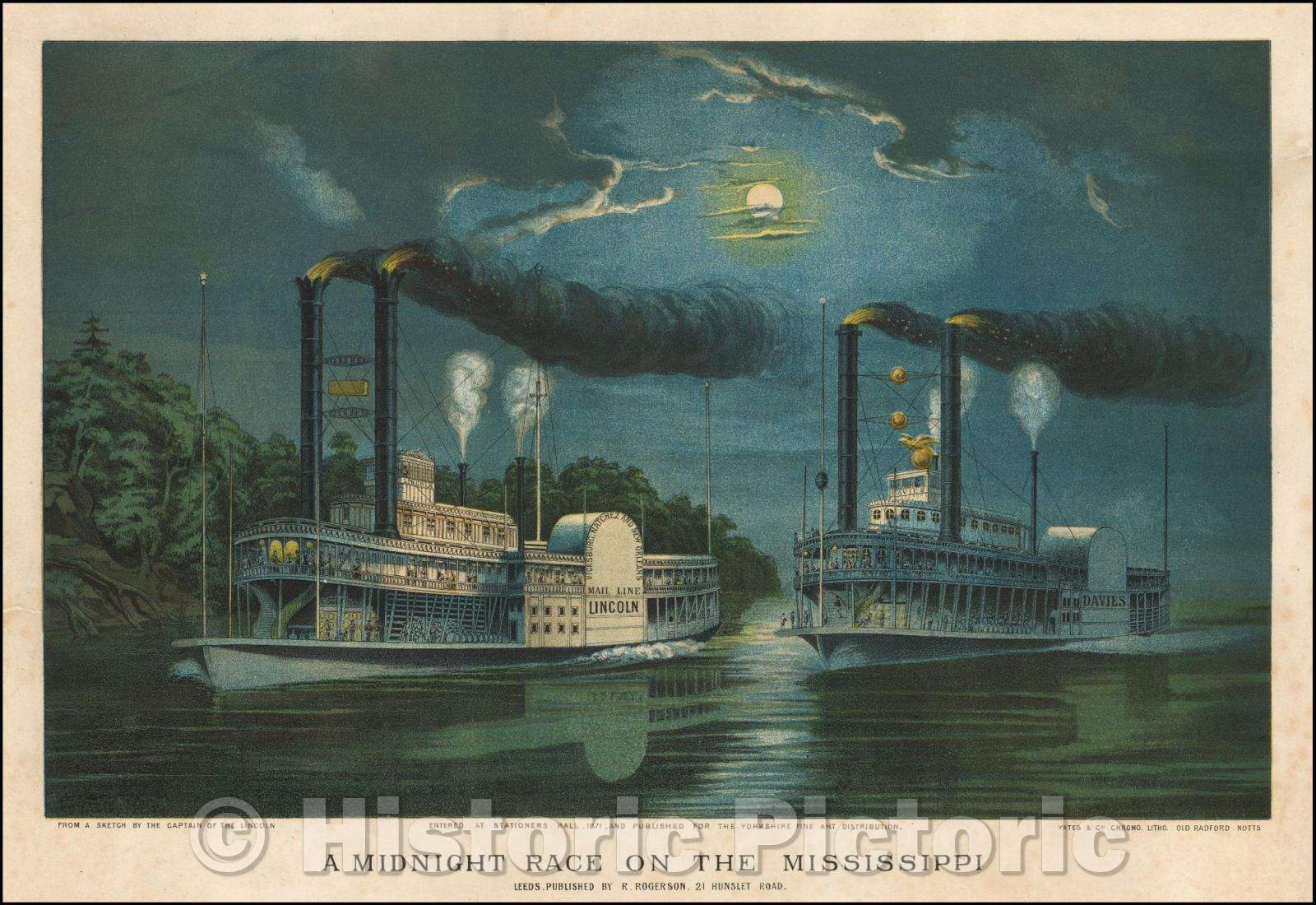 Historic Map - A Midnight Race on the Mississippi, 1871, R. Rogerson - Vintage Wall Art