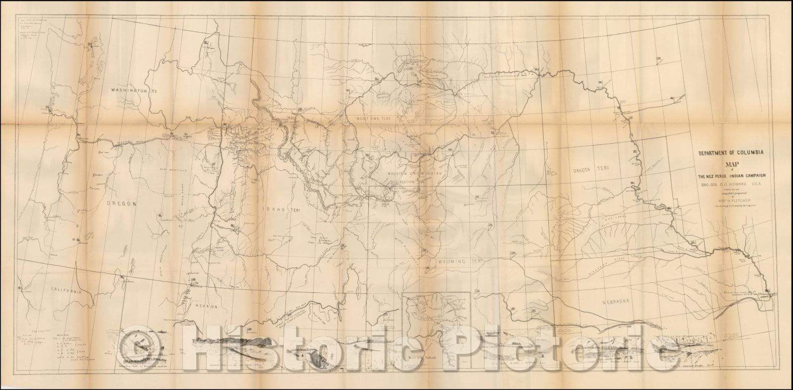 Historic Map - Department of ColumbiNez Perce Indian Campaign Brig. Gen. O.). Howard U.S.A. Commanding, 1877, - Vintage Wall Art