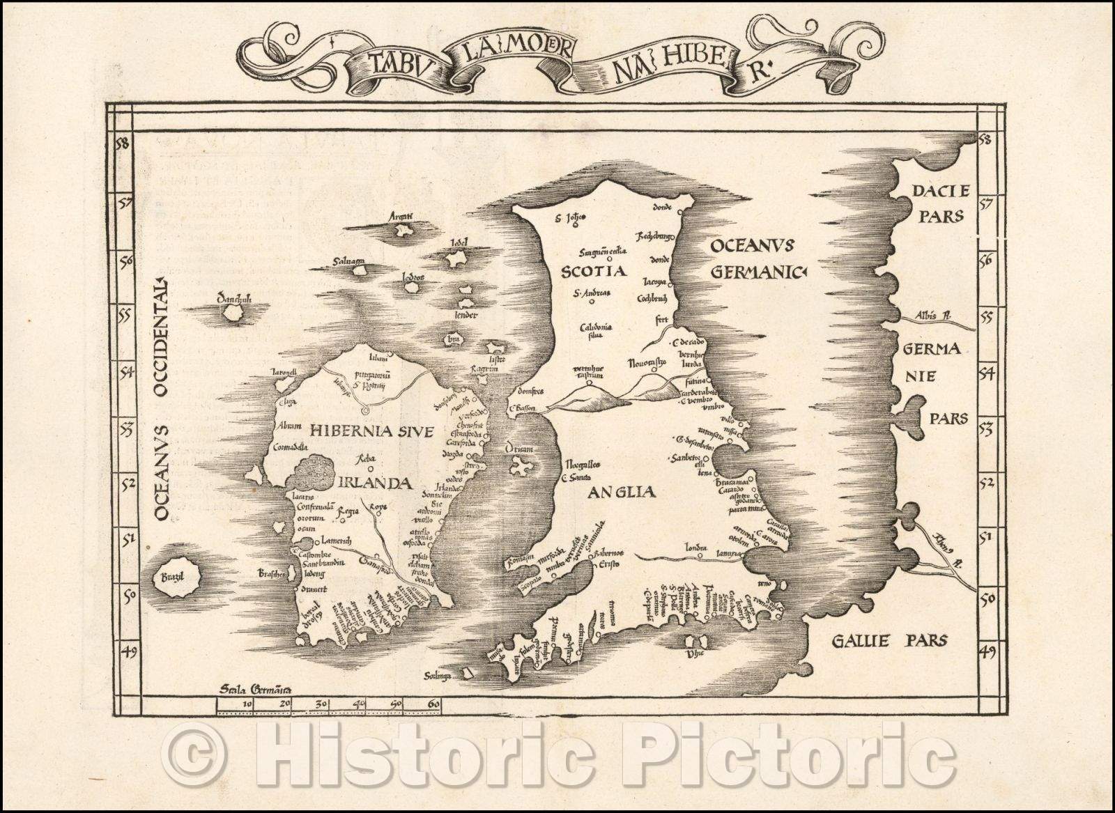 Historic Map - Tabula Moderna Hiber/Tabula Moderna Flight, 1525, Lorenz Fries - Vintage Wall Art
