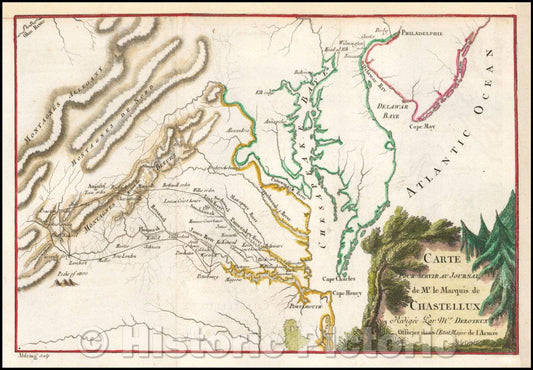 Historic Map - Carte Pour Servir Au Journal de Mr. Le Marquis de Chastellux Redigee par Mr. Dezoteux, 1786, Marquis de Chastellux v1