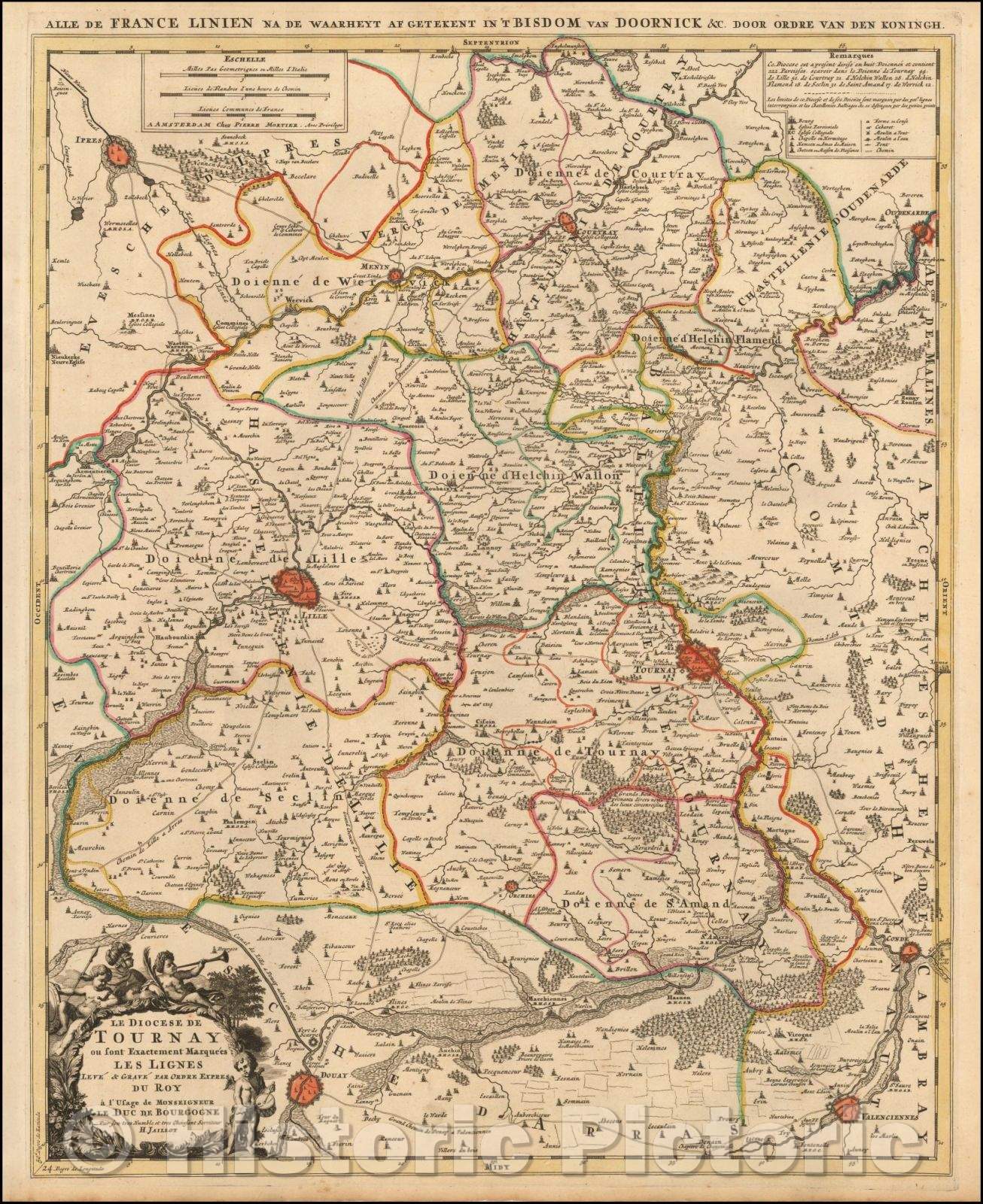 Historic Map - Le Diocese de Tournay ou font Exactement Marqu?s les Lignes lev?France and Belgium,Tournai, Lille, Ipres, Douay, Cond? 1700 - Vintage Wall Art