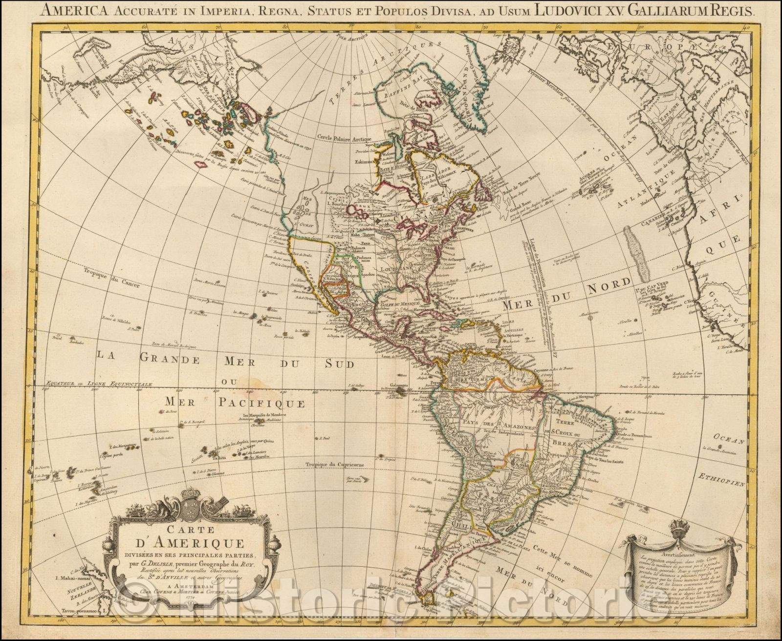 Historic Map - Carte D'Amerique /, 1774, Johannes Covens - Vintage Wall Art
