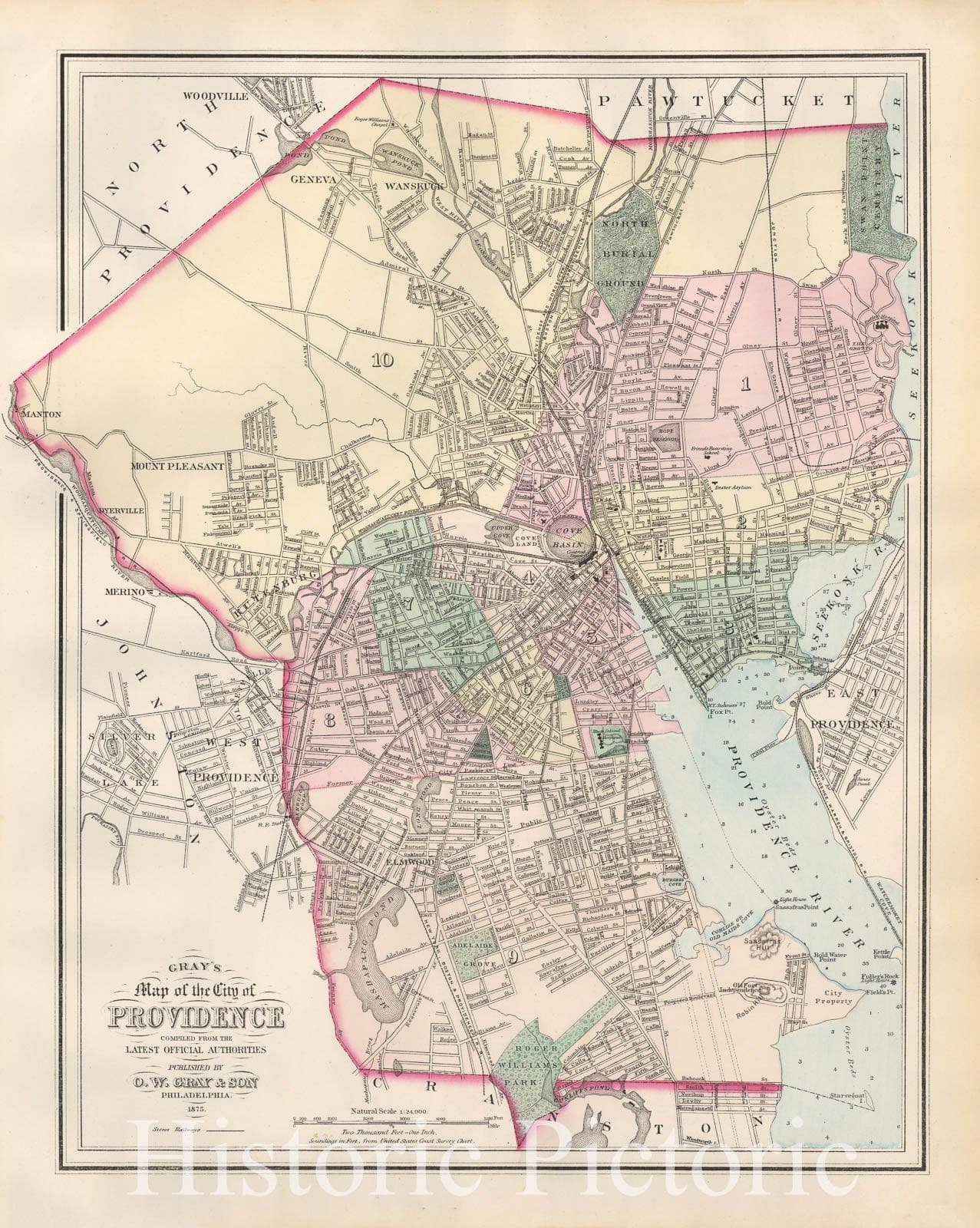 Historic Map - Gray's Map of the City of Providence, 1875, O.W. Gray - Vintage Wall Art