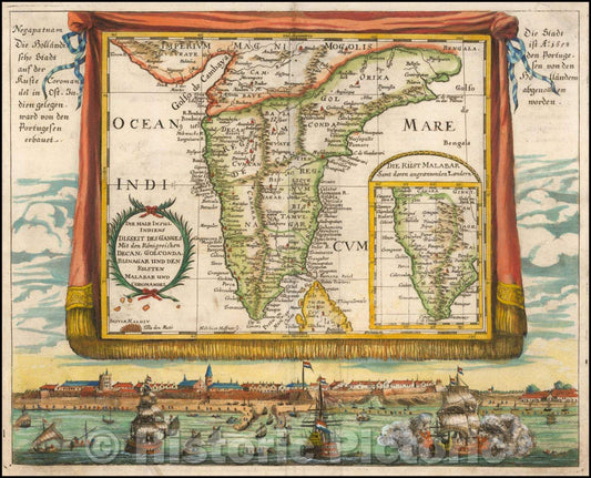 Historic Map - Die Halb Insul Indiens disseit des Ganges Mid den Konigreichen :: Southern part of India, super-imposed over a View of Negapatnam, 1686 - Vintage Wall Art