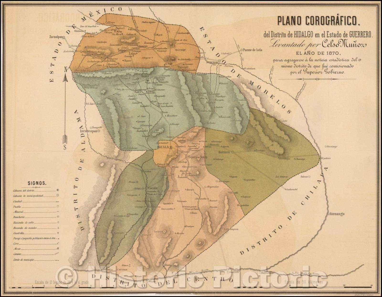 Historic Map - Plano Corografico del Distrito de Hidalgo en el Estado de Guerrero Levantado/Map of the Hidalgo District in the State of Guerrero, 1870, - Vintage Wall Art