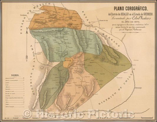 Historic Map - Plano Corografico del Distrito de Hidalgo en el Estado de Guerrero Levantado/Map of the Hidalgo District in the State of Guerrero, 1870, - Vintage Wall Art