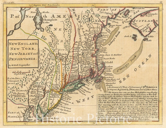 New England and Mid-Atlantic - Post Roads Map, 1729 | Historical Map Print