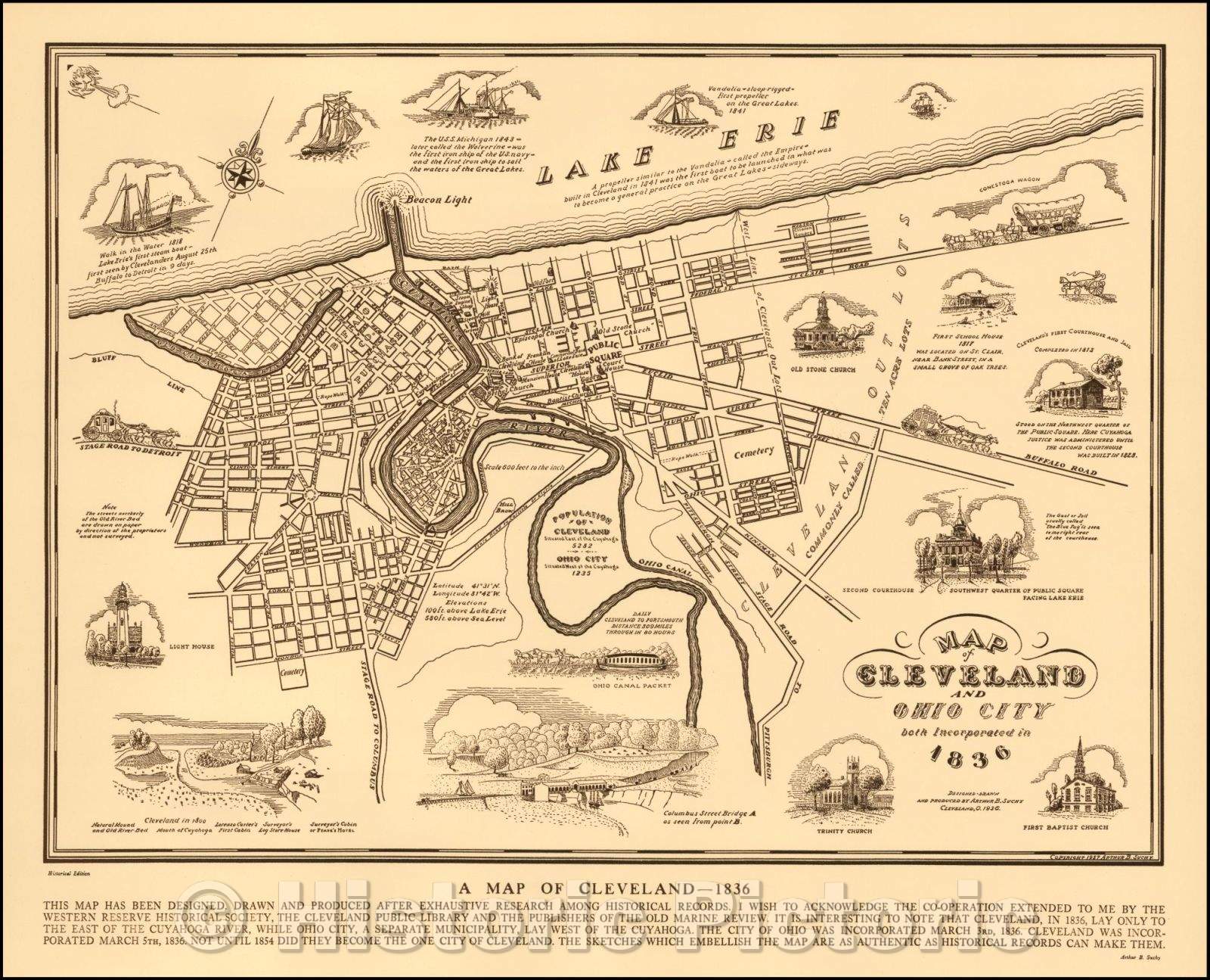 Historic Map - Map of Cleveland and Ohio City both Incorporated in, 1937, Arthur B. Suchy - Vintage Wall Art