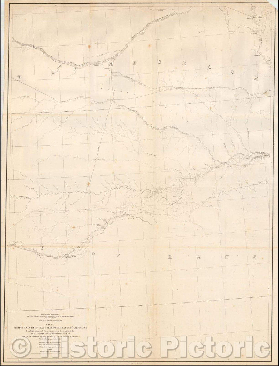 Historic Map - Map No. 2 From The Mouth of Trap River To The Santa Fe Crossing; from Explorations and surveys made, 1856, - Vintage Wall Art