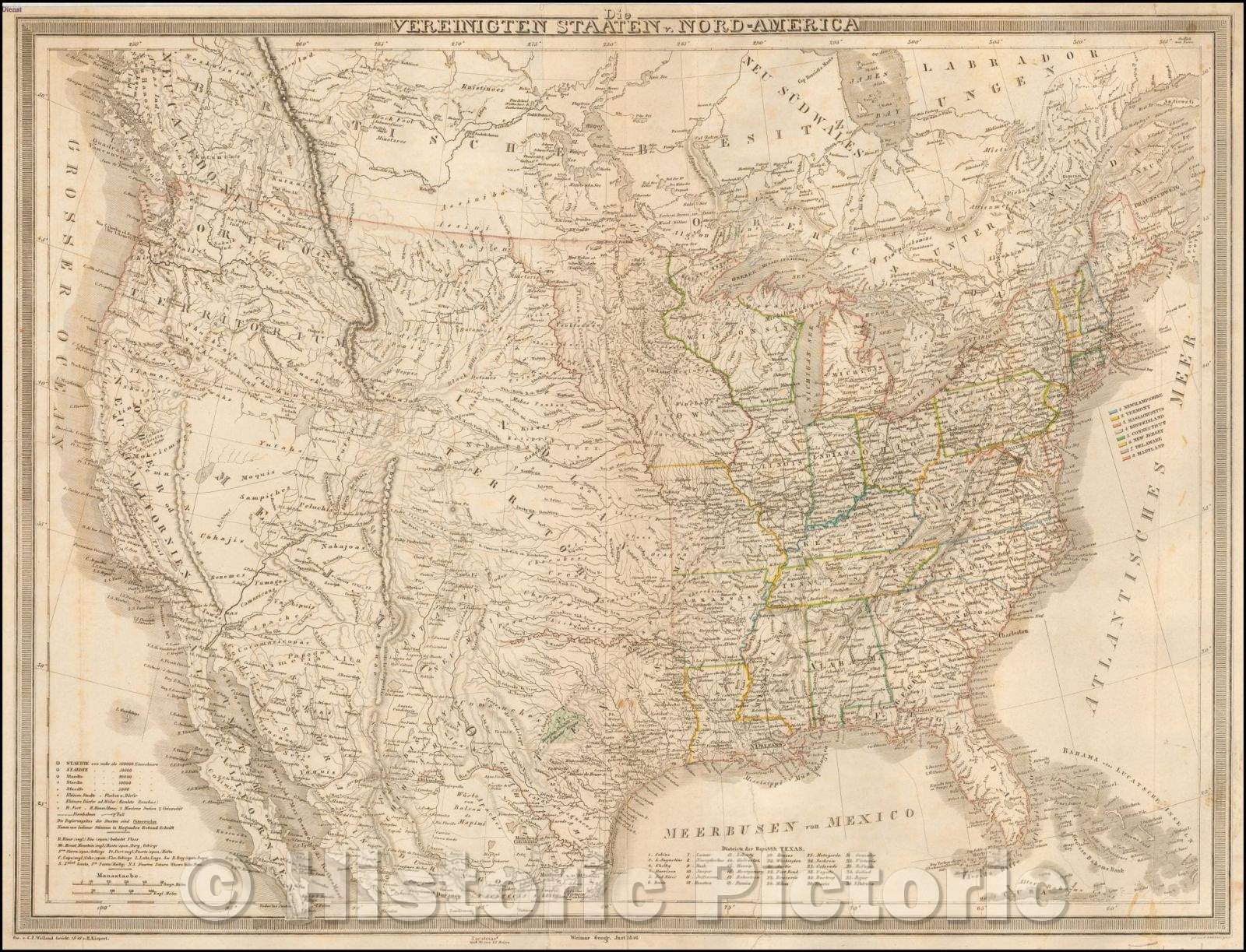 Historic Map - Die Vereinigten Staaten v. Nord-America, 1846, Carl Ferdinand Weiland - Vintage Wall Art
