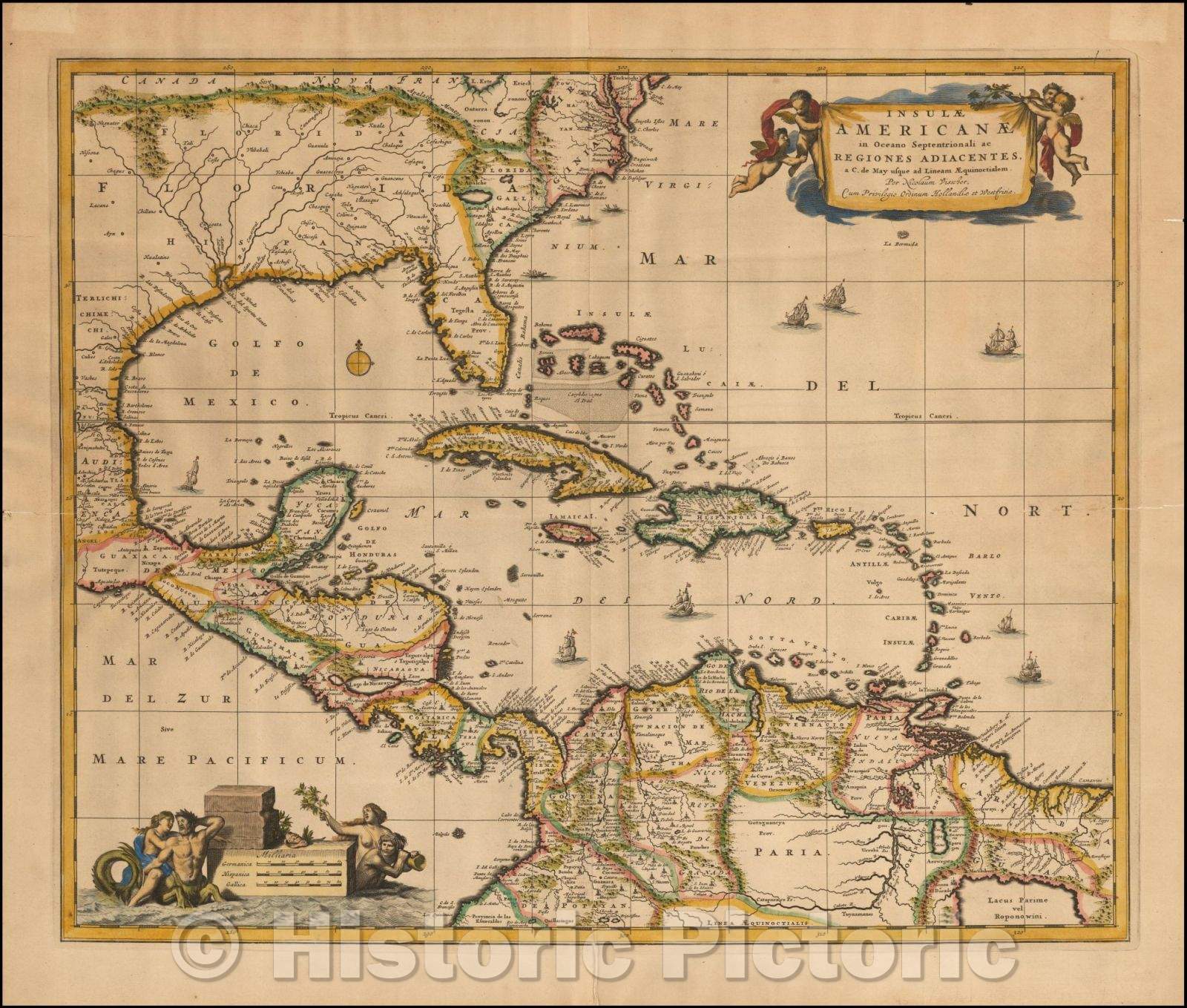 Historic Map - Insulae Americanae in Oceano Septentrionali ac Regiones Adiacentes, a C. de May usque ad Lineam Aequinoctialem, 1680, Nicolaes Visscher I - Vintage Wall Art