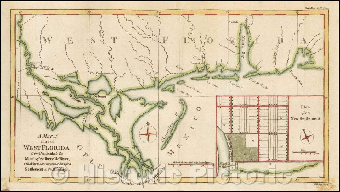 Historic Map - A Map of Part of West Florida from Pensacola to the Mouth of the Iberville River, 1772, Gentleman's Magazine - Vintage Wall Art