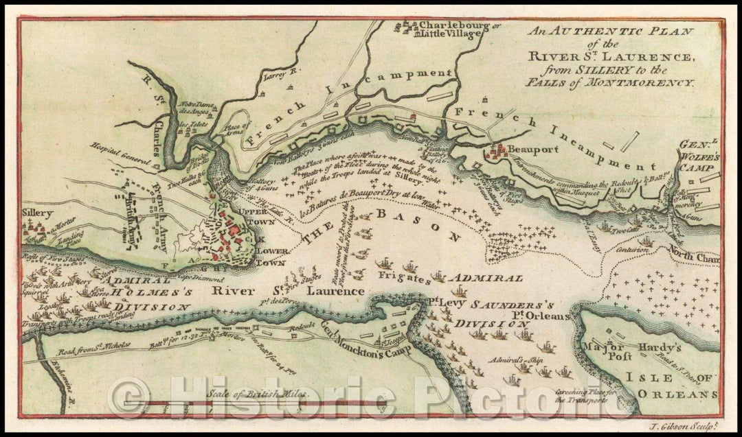 Historic Map - An Authentic Plan of the River St. Laurence from Sillery to the Falls of Montmorency, 1759, John Gibson - Vintage Wall Art