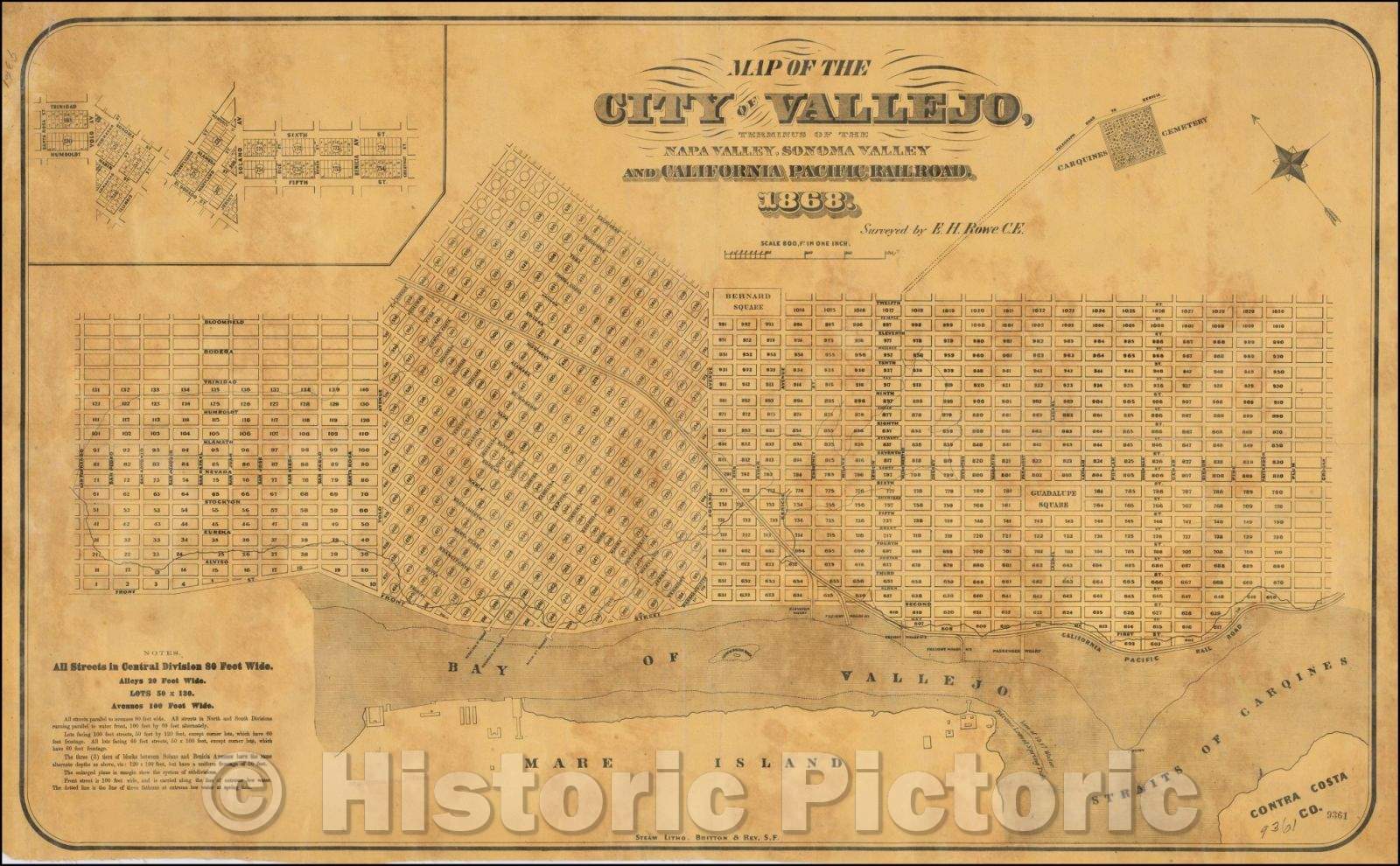 Historic Map - Map of the City of Vallejo, Terminus of the Napa Valley, Sonoma Valley and California Pacific Railroad, 1868, Britton & Rey - Vintage Wall Art