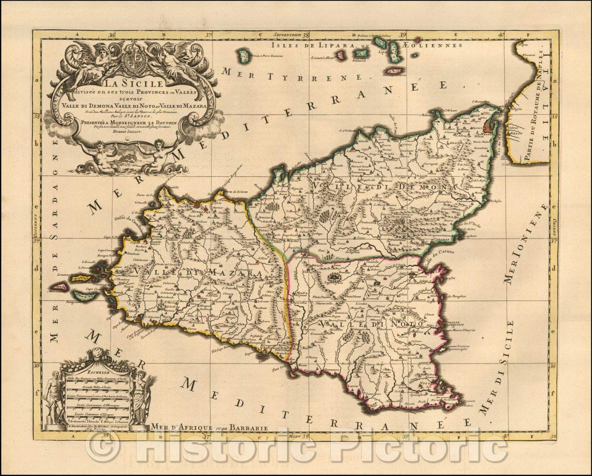 Historic Map - La Sicile divisee en ses trois Provinces ou Valees scavoir Valle Di Demona, 1700 - Vintage Wall Art