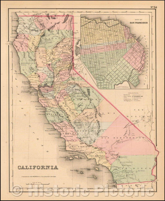 Historic Map - California (with San Francisco inset map), 1857, Joseph Hutchins Colton v1