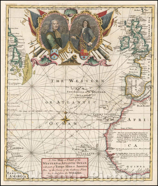 Historic Map - A New Map or Chart of The Western or Atlantic Ocean with Part of Europe, Africa & America: Shewing the Course of the Galleons, Flota, 1740 - Vintage Wall Art