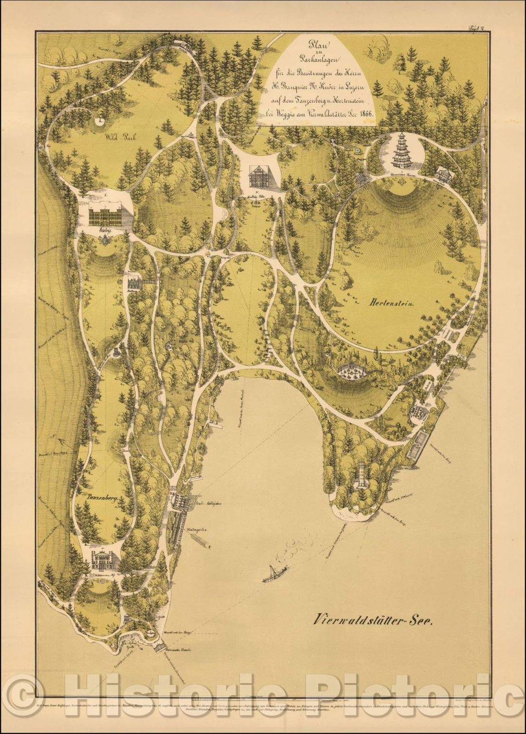 Historic Map - (Lake Lucerne) Plan zu Parklangen fur die Besitzungen des Herrn H. Banquier N. Knorr in Luzern auf dem/Hotel Hertenstein on Lake Lucerne, 1866 - Vintage Wall Art