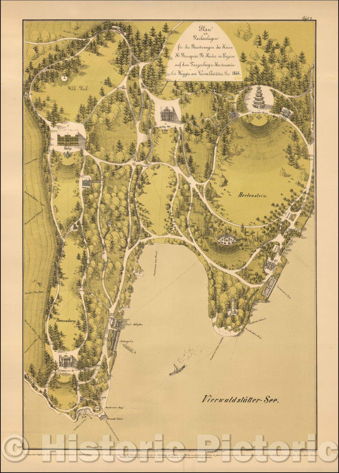 Historic Map - (Lake Lucerne) Plan zu Parklangen fur die Besitzungen des Herrn H. Banquier N. Knorr in Luzern auf dem/Hotel Hertenstein on Lake Lucerne, 1866 - Vintage Wall Art