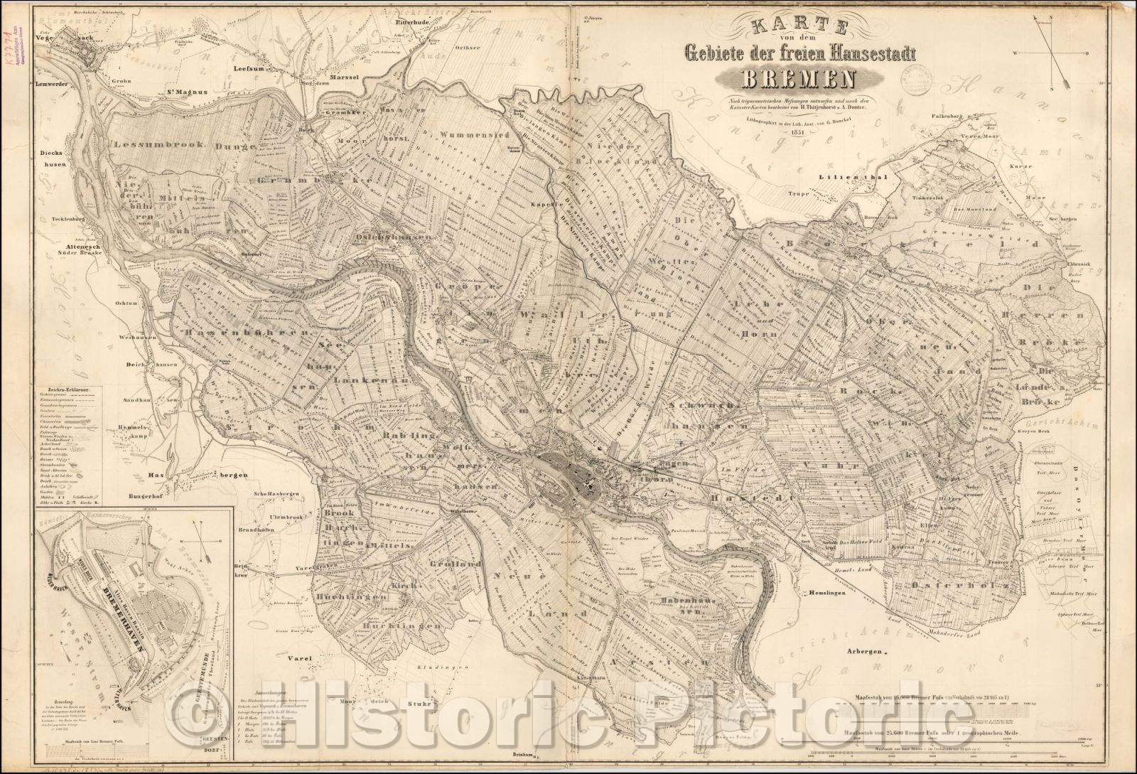 Historic Map - Karte von dem Gebiete der freien Hansestadt Bremen Nach trigonometrischen Messungen entwrfen/Cadastral Map of Bremen, 1851 - Vintage Wall Art