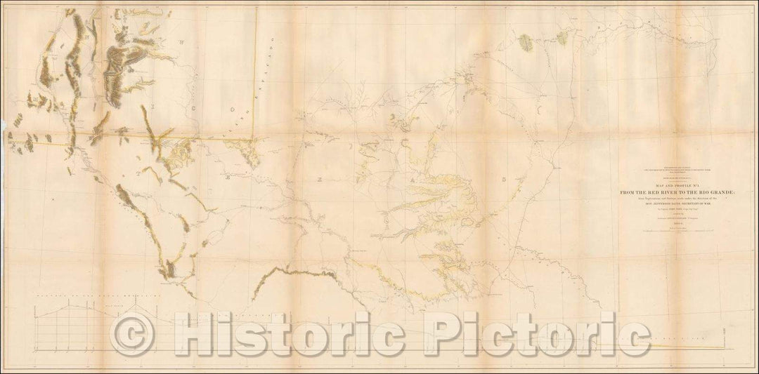 Historic Map - Map and Profile No. 1. From The Red River to the Rio Grande from explorations and surveys made, 1854, U.S. Pacific RR Surveys - Vintage Wall Art