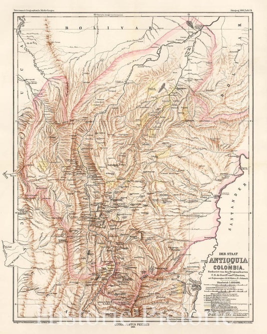 Historic Map - Der Staat Antioquia in Colombia Reducirt von den Orginalkarten von C.S. de Greiff und Vil :: Region of Colombia, centered on Medellin, 1880 - Vintage Wall Art