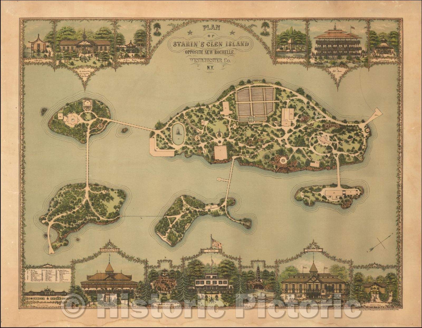 Historic Map - Plan of Starin's Glen Island Opposite New Rochelle. Westchester Co. N.Y, 1880, Franz Xaver Heissinger - Vintage Wall Art