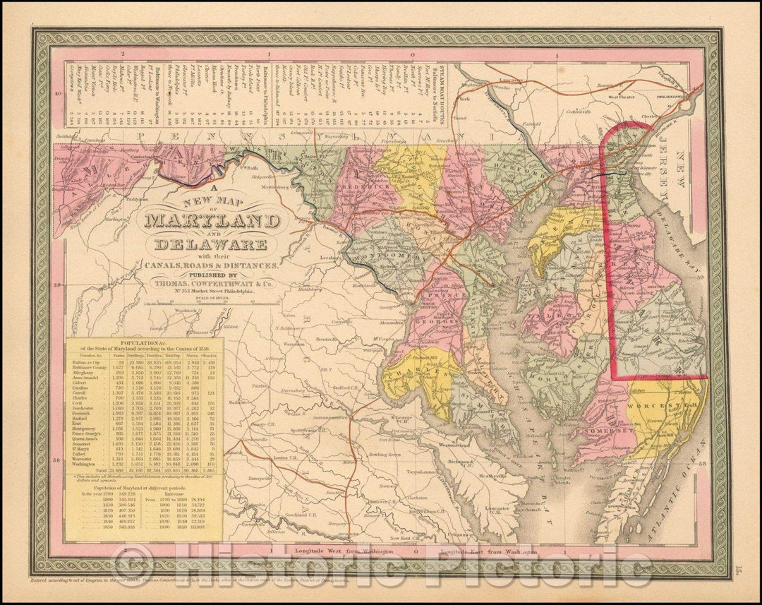 Historic Map - Maryland and Delaware with their Canals, Roads, Distances, 1852, Thomas, Cowperthwait & Co. - Vintage Wall Art
